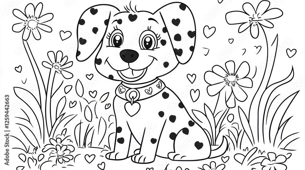 Fototapeta premium Happy Dalmatian puppy coloring page, floral garden