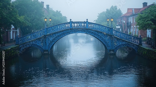 Blue ornamental bridge over a serene canal in foggy weather, surrounded by lush greenery