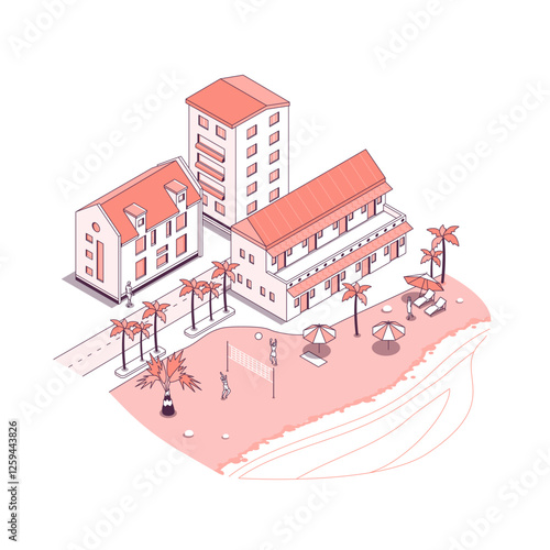 Playing beach volleyball at the resort - vector isometric illustration