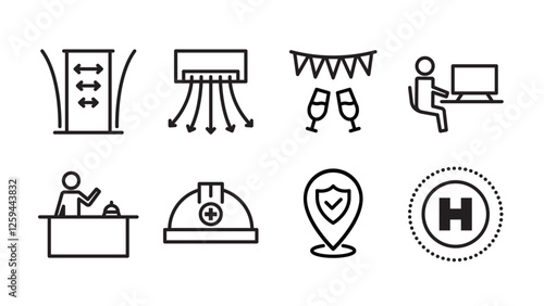 Set of icons of facilities for tower apartments and office buildings, Line width variable