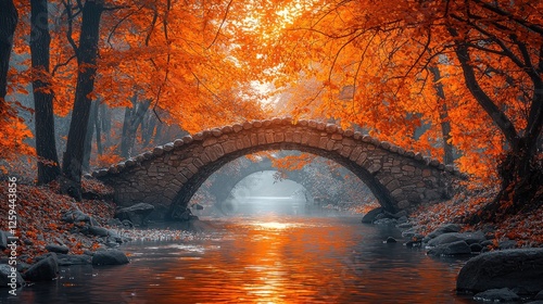 Serene autumn scene featuring a stone bridge over a tranquil river surrounded by vibrant foliage