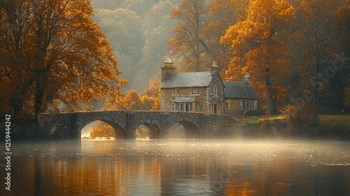 Serene autumn landscape featuring a quaint house by a misty river under vibrant foliage