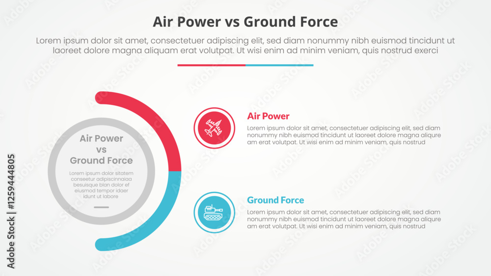 air power vs ground force comparison opposite infographic concept for slide presentation with big circle and half circle variation with flat style air power vs ground force comparison opposite infographic concept for slide presentation with big circle and half circle variation with flat style