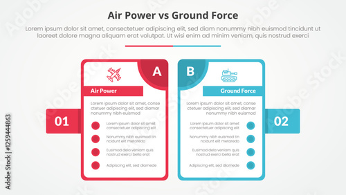 air power vs ground force comparison opposite infographic concept for slide presentation with big outline table and badge on side with flat style