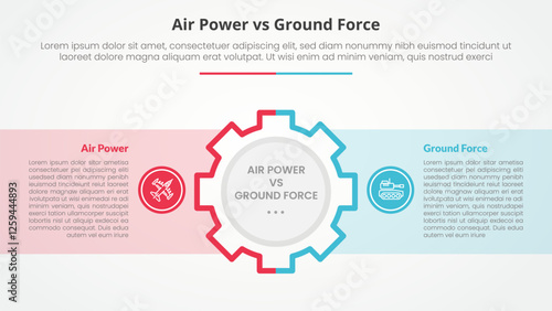 air power vs ground force comparison opposite infographic concept for slide presentation with gear on center and box container with flat style
