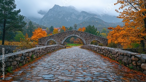 Serene autumn landscape featuring a stone bridge amidst colorful foliage and mountains