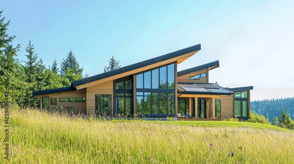 Modern Family Home Nestled in Grassy Landscape with Blue Sky Modern Family Home Nestled in Grassy Landscape with Blue Sky