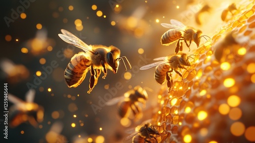 Close-up of bees collecting nectar from a honeycomb, surrounded by glowing golden light