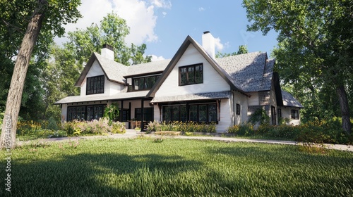 Wallpaper Mural Modern Gable Roof House Surrounded by Lush Greenery and Trees Torontodigital.ca