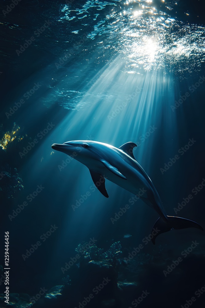 Fototapeta premium Graceful dolphin swims through sunlit ocean water in a serene and magical underwater scene