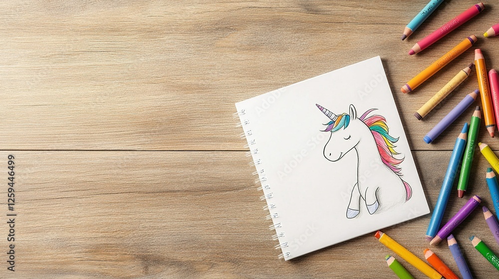 Whimsical Unicorn Diary, vibrant crayons, scattered drawings, a celebration of childhood imagination and innocence. Whimsical Unicorn Diary, vibrant crayons, scattered drawings, a celebration of childhood imagination and innocence.
