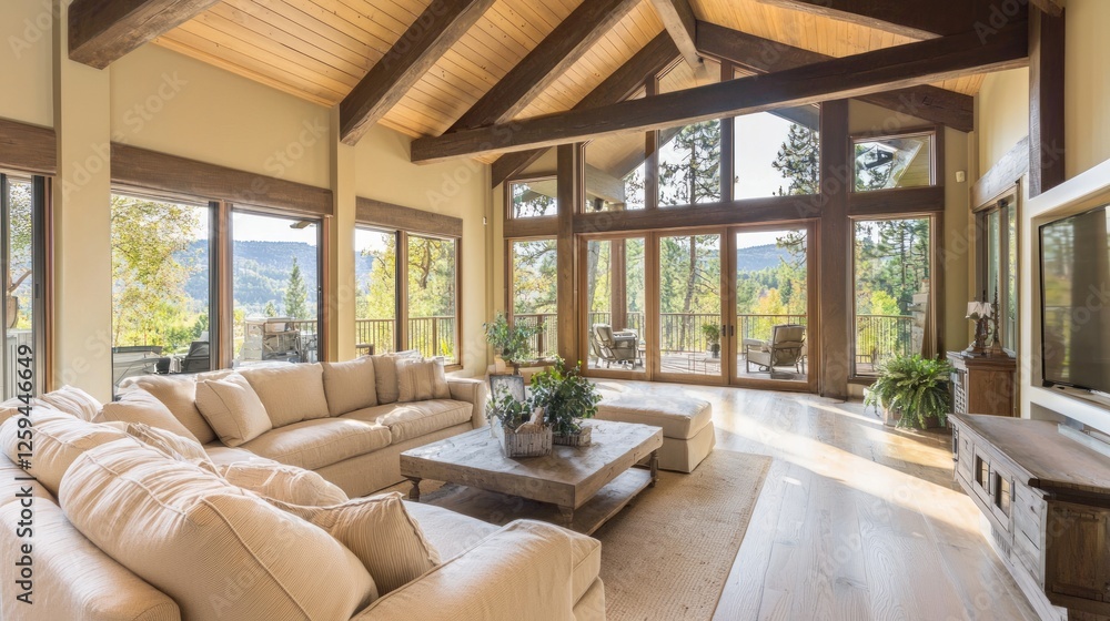 Cozy Living Space with Large Windows and Scenic Views Cozy Living Space with Large Windows and Scenic Views