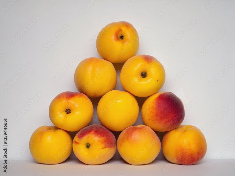Ten Peaches Arranged in a Triangle on White Background Ten Peaches Arranged in a Triangle on White Background