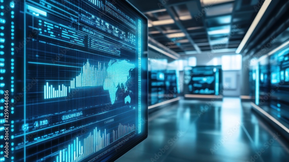 Global Data Visualization: Futuristic Tech Center with Interactive Displays Showing Worldwide Market Trends and Financial Statistics Global Data Visualization: Futuristic Tech Center with Interactive Displays Showing Worldwide Market Trends and Financial Statistics