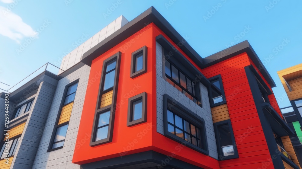A modern house with red and gray exterior walls, featuring window frames in black. The building has three floors, each showcasing different architectural styles. A modern house with red and gray exterior walls, featuring window frames in black. The building has three floors, each showcasing different architectural styles.