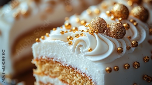 Close-up of a beautifully decorated cake with golden accents, showcasing intricate frosting details