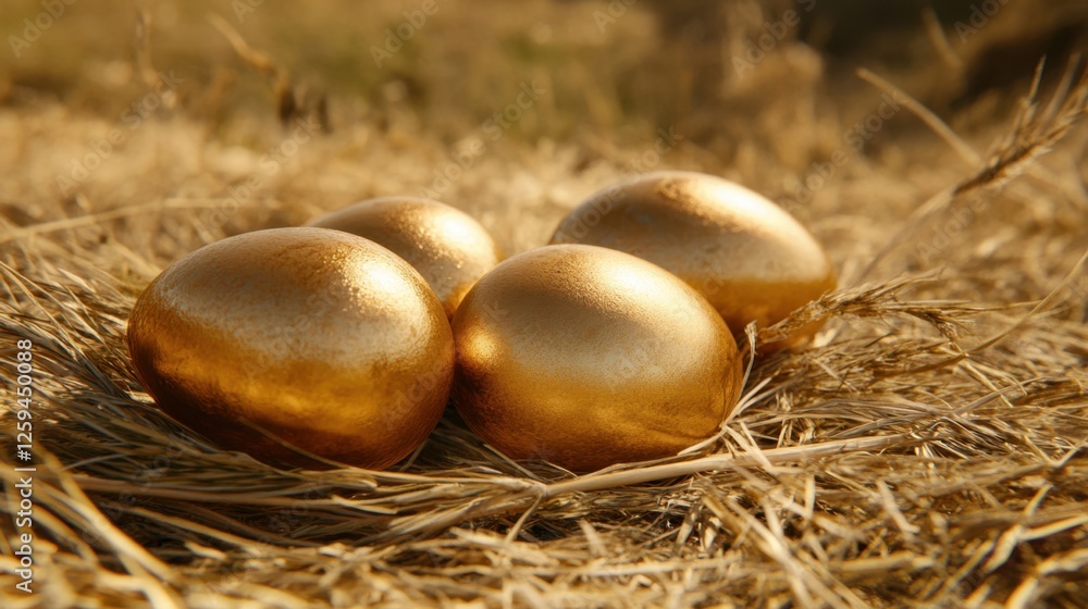 A close-up of golden eggs resting on textured yellow grass with a warm glow, creating a celebratory and elegant atmosphere.