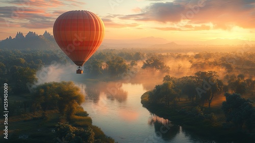Hot air balloon soaring over a misty river at sunrise, surrounded by lush greenery and distant mountains