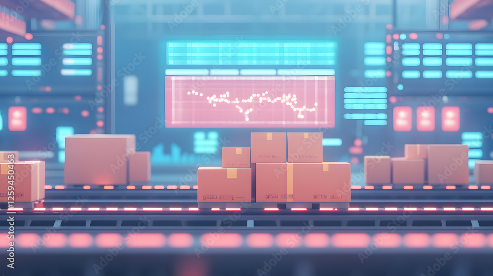 A digital warehouse filled with automated robots sorting and packing e-commerce orders. Conveyor belts transport neatly packaged boxes, while a holographic interface displays real-time logistics A digital warehouse filled with automated robots sorting and packing e-commerce orders. Conveyor belts transport neatly packaged boxes, while a holographic interface displays real-time logistics