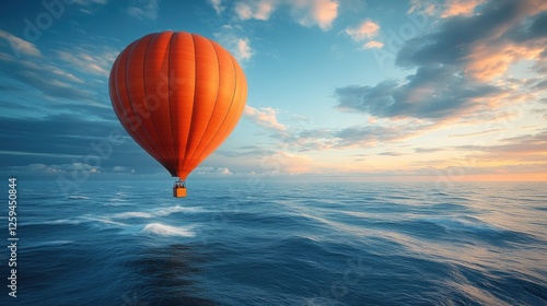 A vibrant orange hot air balloon floating above a serene ocean at sunset, with clouds