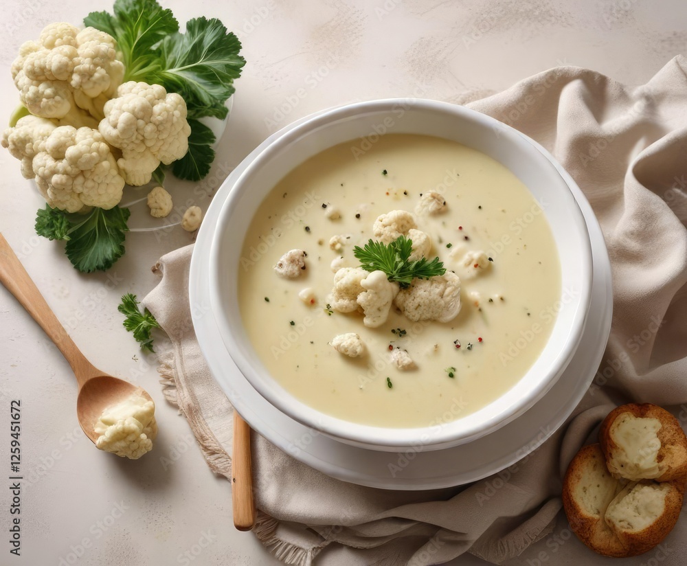 Creamy white cauliflower soup in a large bowl on a plain surface, vegetable soup, creamy soup Creamy white cauliflower soup in a large bowl on a plain surface, vegetable soup, creamy soup