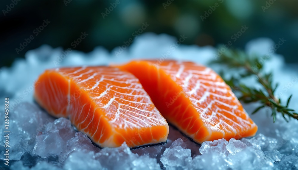 Fresh Salmon Fillets on Crushed Ice with Rosemary Preparation Fresh Salmon Fillets on Crushed Ice with Rosemary Preparation