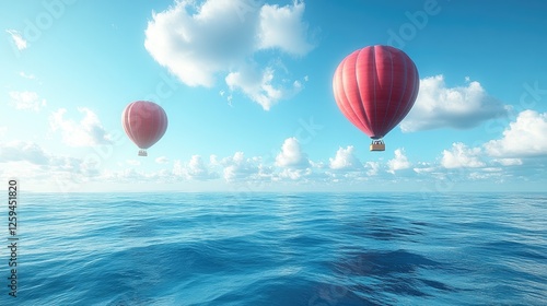 Two vibrant hot air balloons floating serenely over a tranquil ocean under a clear blue sky