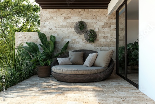 Relaxing summer terrace with daybed, travertine backdrop, 3D.