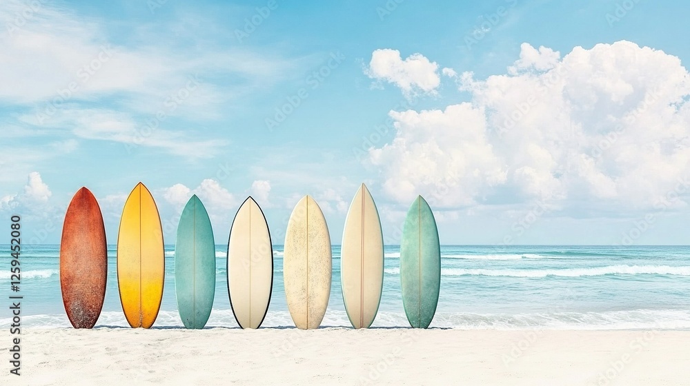 Surfboards on the shore, vibrant waves crashing, energizing spring break surf adventure, sunlit beach atmosphere Surfboards on the shore, vibrant waves crashing, energizing spring break surf adventure, sunlit beach atmosphere
