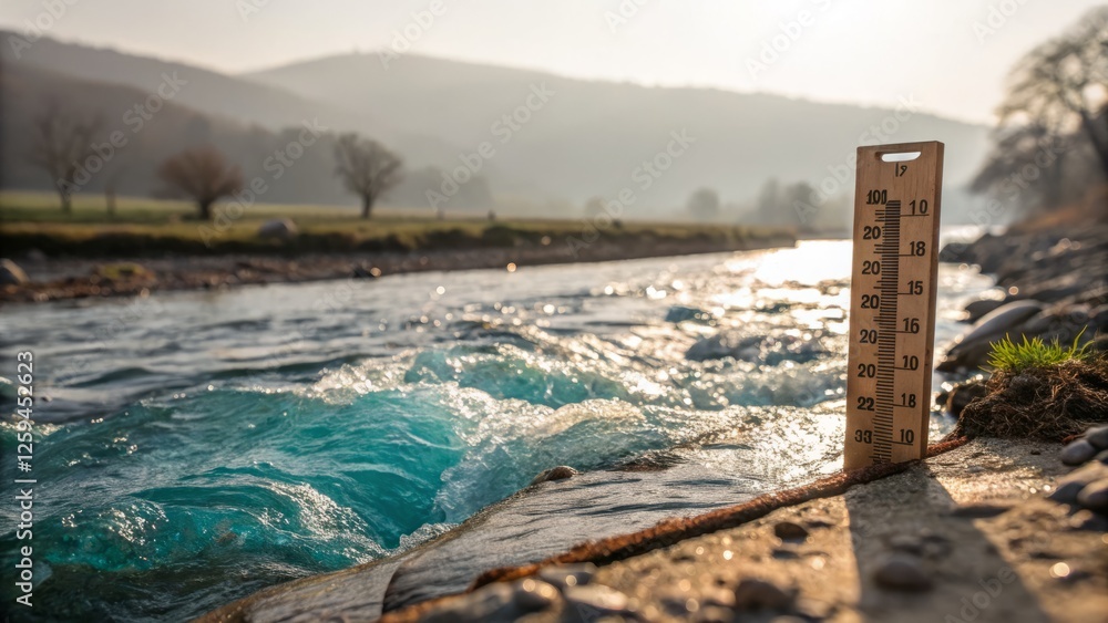Tilt-Shift Miniature: Sunlit River Gauge Measuring Flowing Water Tilt-Shift Miniature: Sunlit River Gauge Measuring Flowing Water