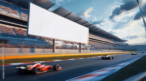Giant Blank Billboard at Racetrack with Racing Cars Racing on an Open Track During a Bright and Dynamic Sunset Scene