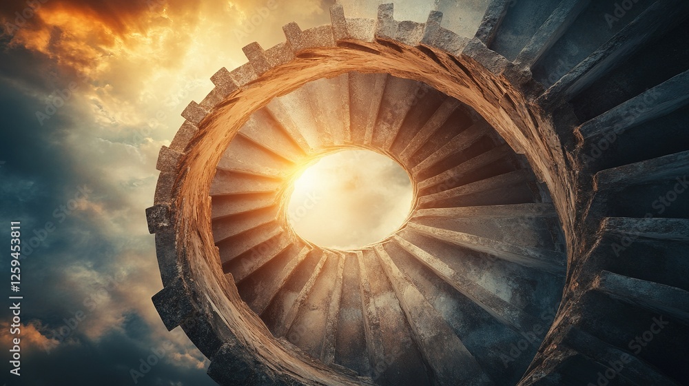 Spiral staircase transforming into a flowchart, representing a symbolic journey through GATE subjects, illustrating a comprehensive learning path