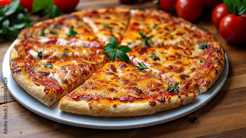 Deliciously baked cheese pizza with fresh herbs and tomatoes on wooden table Deliciously baked cheese pizza with fresh herbs and tomatoes on wooden table