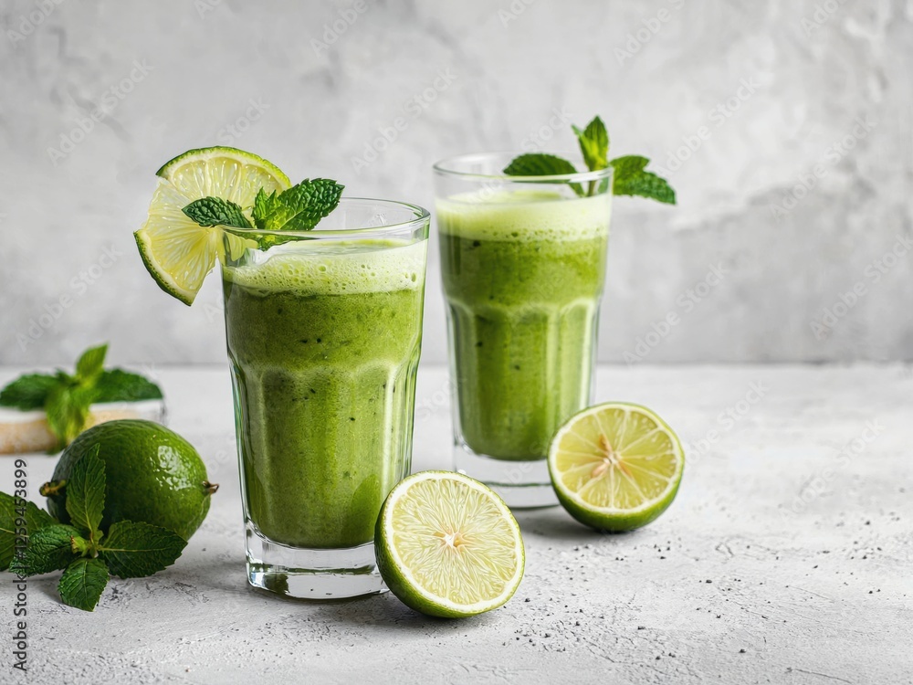 Fototapeta premium Two Glasses of Green Smoothie with Lime and Mint