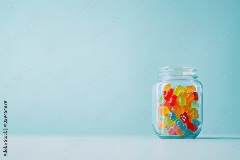A clear jar of colorful gummy vitamins on pastel background for family-friendly appeal A clear jar of colorful gummy vitamins on pastel background for family-friendly appeal