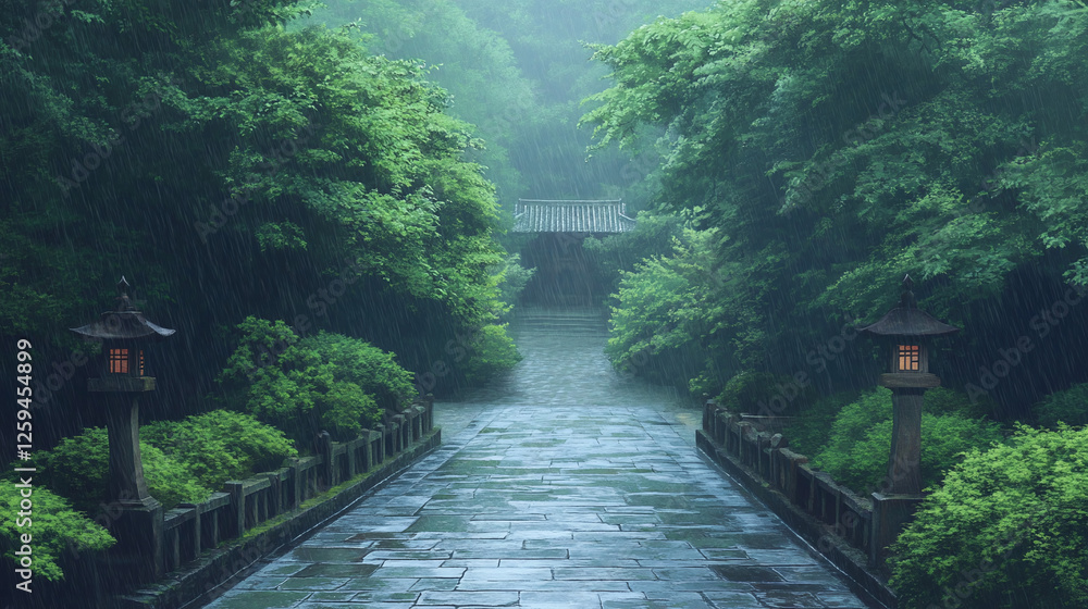 Rainy Japanese Garden Path - Serene Nature Scene Rainy Japanese Garden Path - Serene Nature Scene