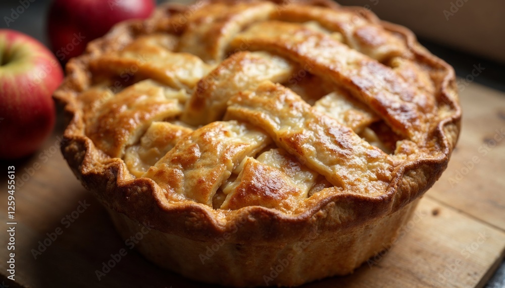 Golden Apple Pie with Lattice Crust on Rustic Wooden Board Golden Apple Pie with Lattice Crust on Rustic Wooden Board