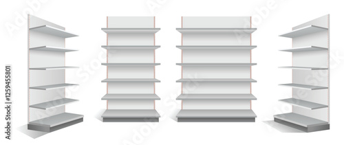 Set of Realistic Retail Store Display Shelving Units isolated on white  
