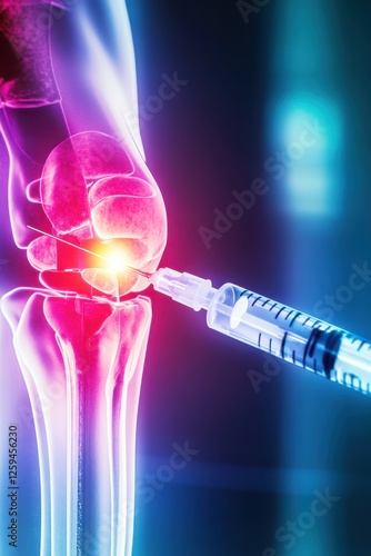 A close-up of high-tech syringe injecting stem cells into knee joint for regeneration