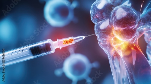 A close-up of high-tech syringe injecting stem cells into knee joint for regeneration