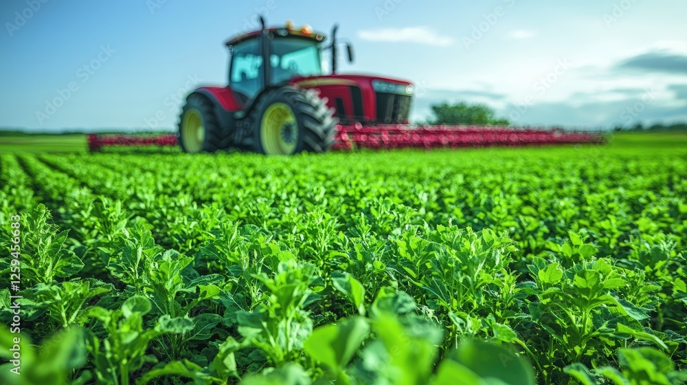 A vibrant green field with a red tractor cultivating crops under a clear blue sky A vibrant green field with a red tractor cultivating crops under a clear blue sky