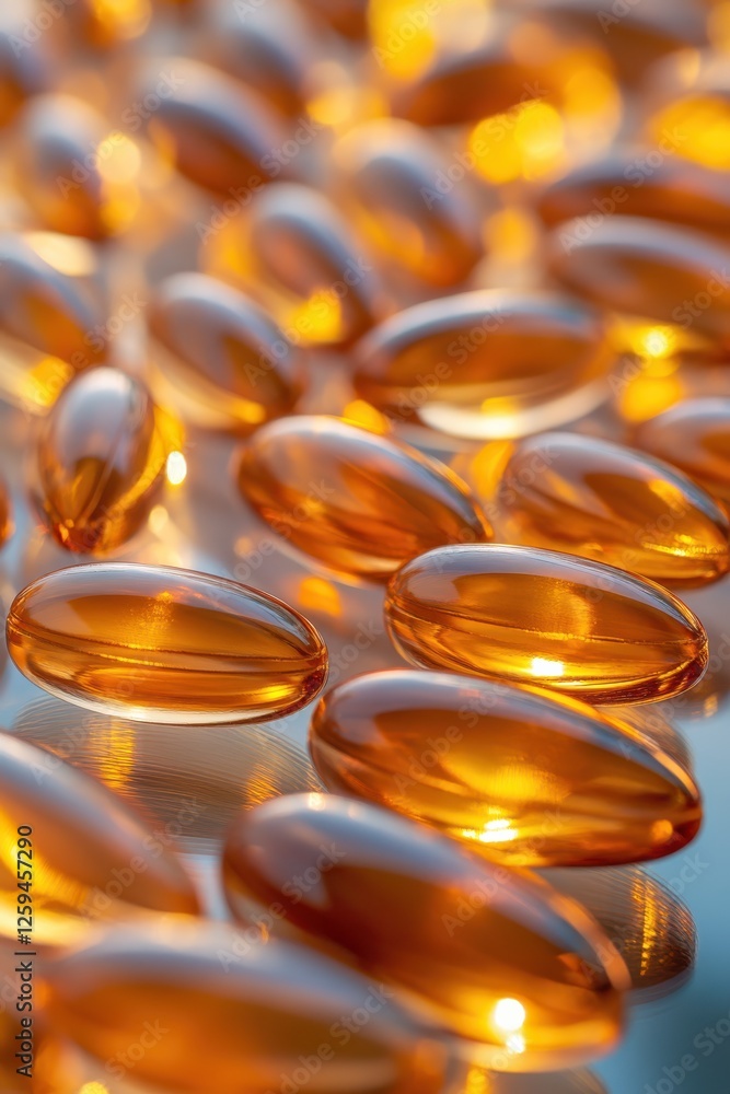 A close-up of golden Omega-3 soft gel capsules on a reflective surface A close-up of golden Omega-3 soft gel capsules on a reflective surface
