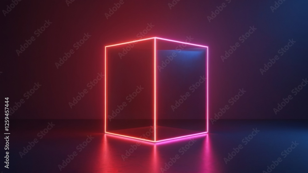Neon light cube on dark floor with vibrant colors and futuristic vibe, 3D rendering for dynamic design concept. Neon light cube on dark floor with vibrant colors and futuristic vibe, 3D rendering for dynamic design concept.