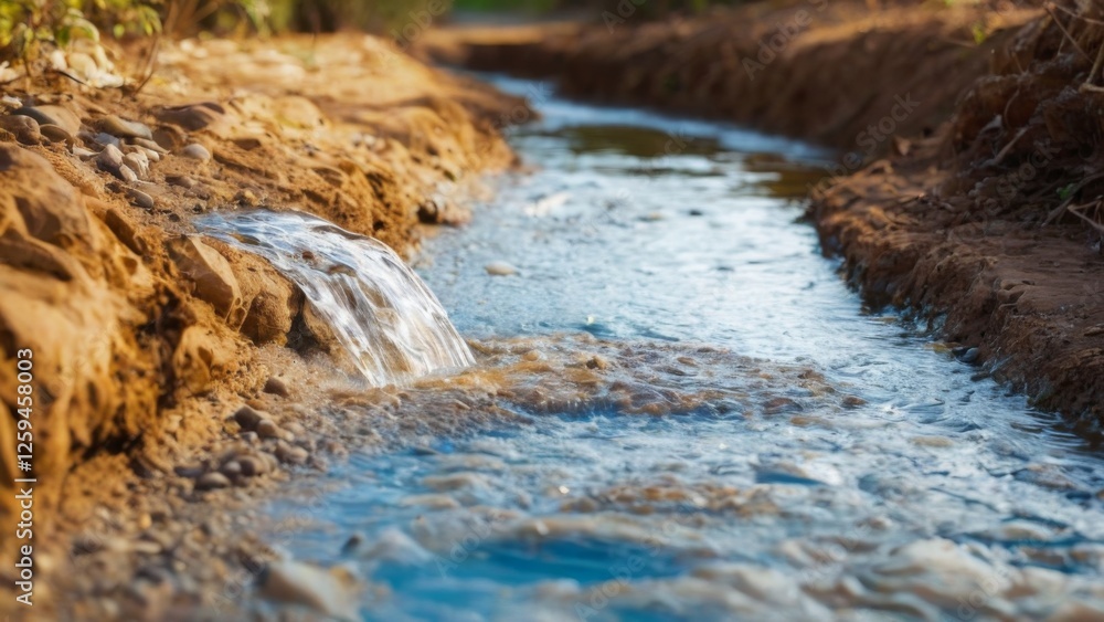 Obraz premium Tranquil Blue Stream Flowing Through Rock Trench in Wooded Area with Sunlight Glow, Peaceful Nature Scene