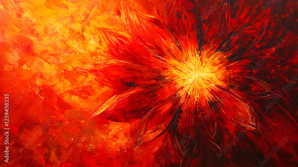 Abstract painting of a fiery explosion with vibrant red, orange, and yellow hues, resembling a flower in bloom. Unique brush strokes create dynamic light and shadow effects. Abstract painting of a fiery explosion with vibrant red, orange, and yellow hues, resembling a flower in bloom. Unique brush strokes create dynamic light and shadow effects.
