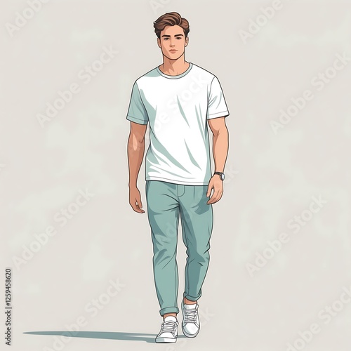 Flat Design Character An elegant business man walking wearing a stylish outfit, poised for a successful day at work or a meeting.