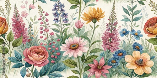 Wallpaper Mural Watercolor Floral Garden Long Exposure Photography, Blooming Flowers, Artistic Botanical Print, Nature Pattern,  Floral Design, Garden Wallpaper Torontodigital.ca