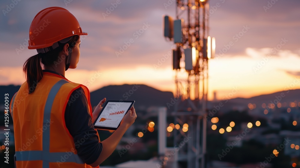 Engineer Analyzing Data on Tablet at Communications Tower During Sunset in Urban Environment Engineer Analyzing Data on Tablet at Communications Tower During Sunset in Urban Environment
