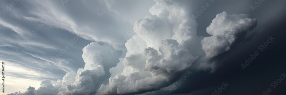 Fototapeta premium Dark grey cloud cover with towering cumulonimbus clouds, severe weather conditions, ominous clouds