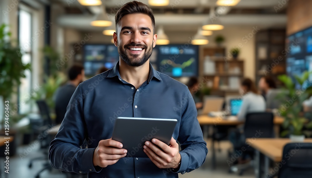 Fototapeta premium Smiling Businessman Holding Tablet in Modern Office with Team Meeting